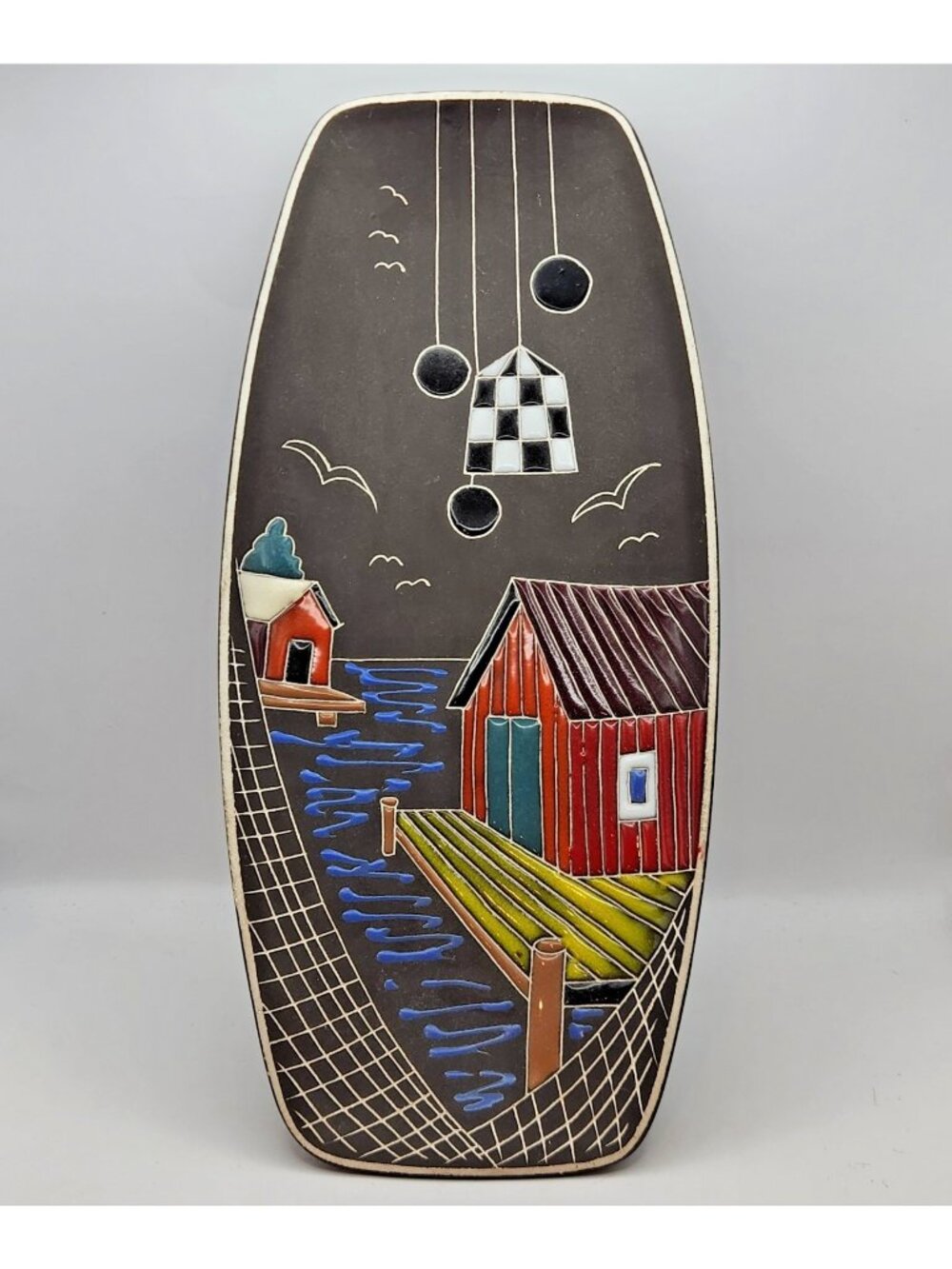 VTG Nordic Ceramic Wall Art Plaque Fabrikker Halden Norway 60s Fishing Harbor